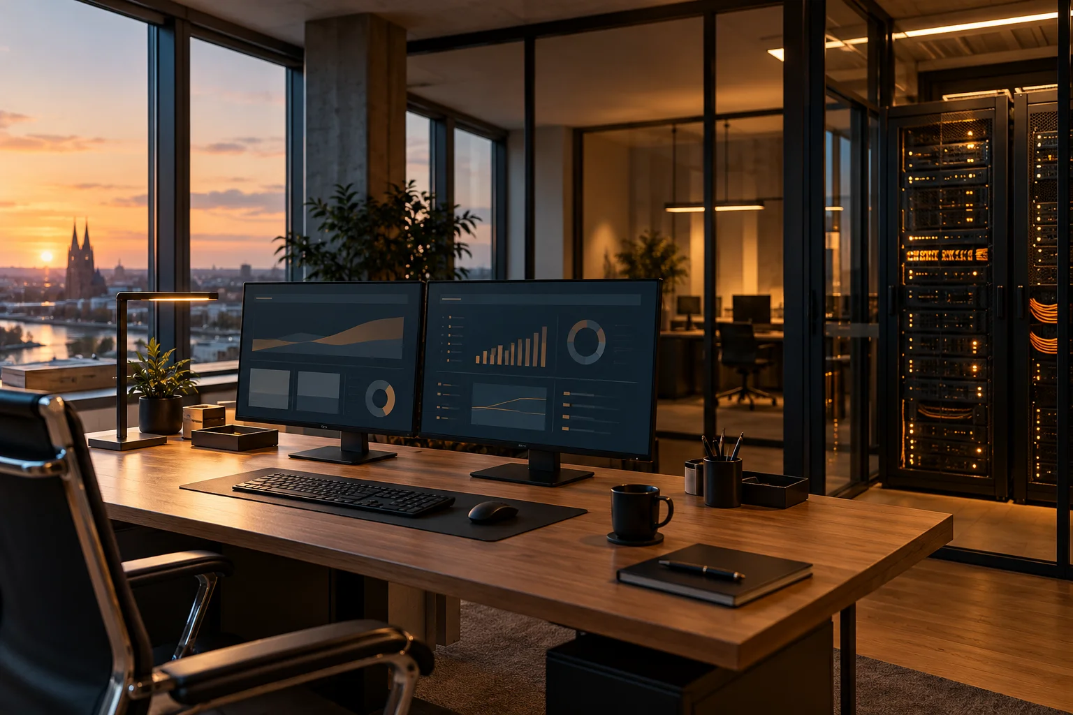 Illustratives Büro mit Monitoren und Serverrack